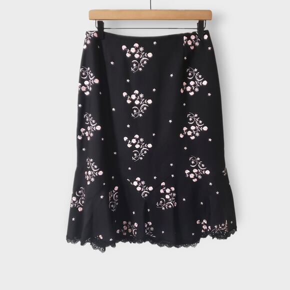 Etcetera Silk Satin Floral Embroidered Lace Trim Skirt Black Pink Sz 10 Goth - Picture 1 of 11